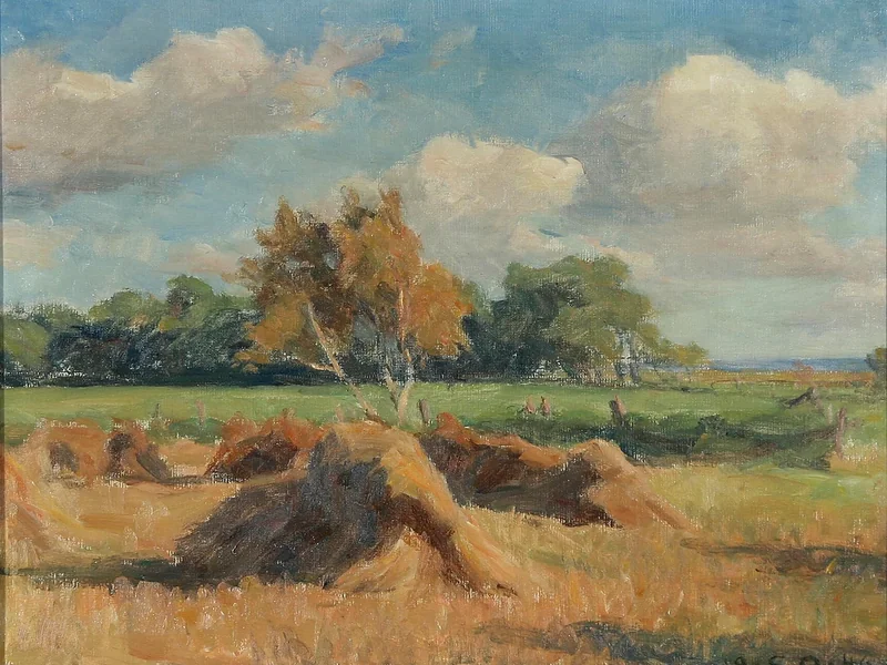 1876-Einar Olsen - Paesaggio danese durante il raccolto con vista sul mare